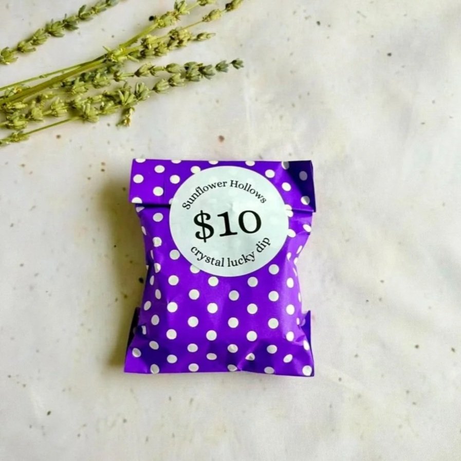 $10 purple crystal lucky dip bag with a mystery selection of genuine crystals from Sunflower Hollows
