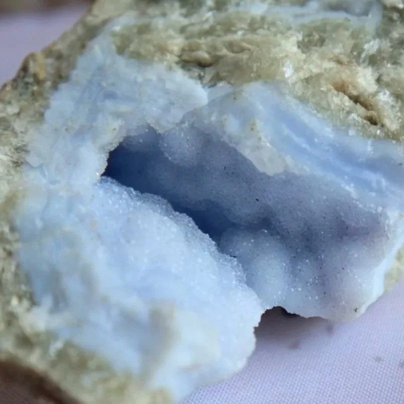 Blue Lace Agate geode specimen approximately 3cm thick at its thickest point