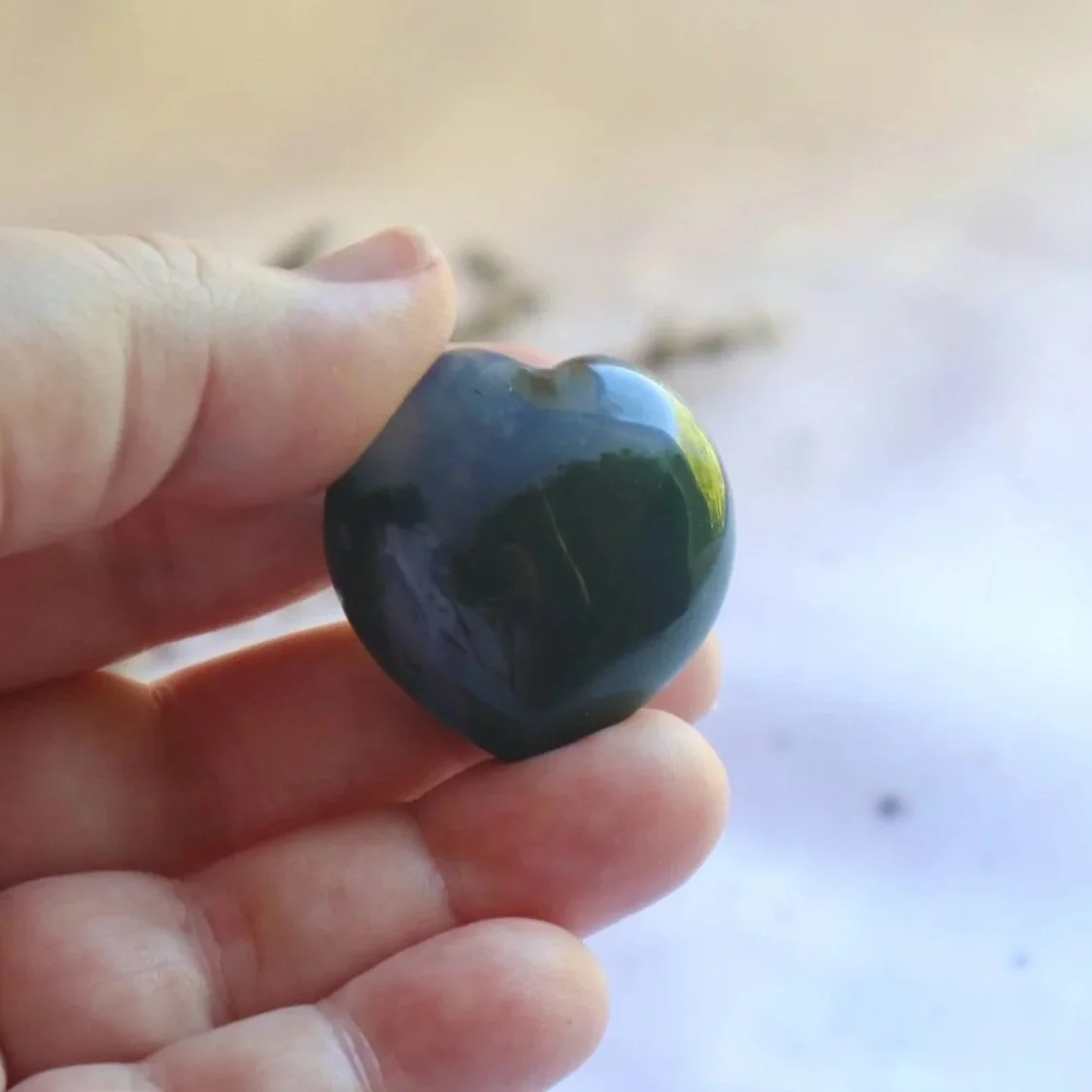 Polished Moss Agate crystal puff heart with earthy green patterns