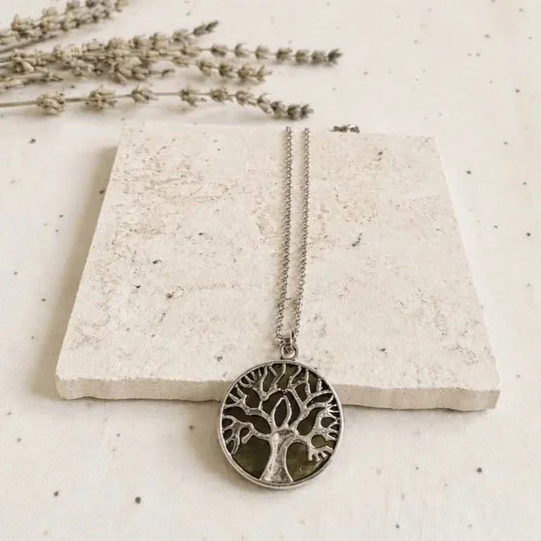Natural Tiger's Eye Tree of Life pendant measuring approximately 28mm wide with stainless steel chain