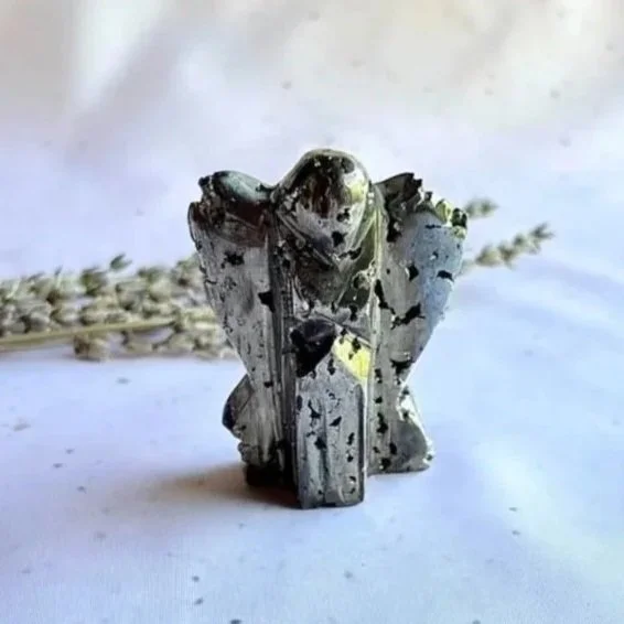 Pyrite Angel carved from natural metallic gold Pyrite, approximately 6.5cm tall