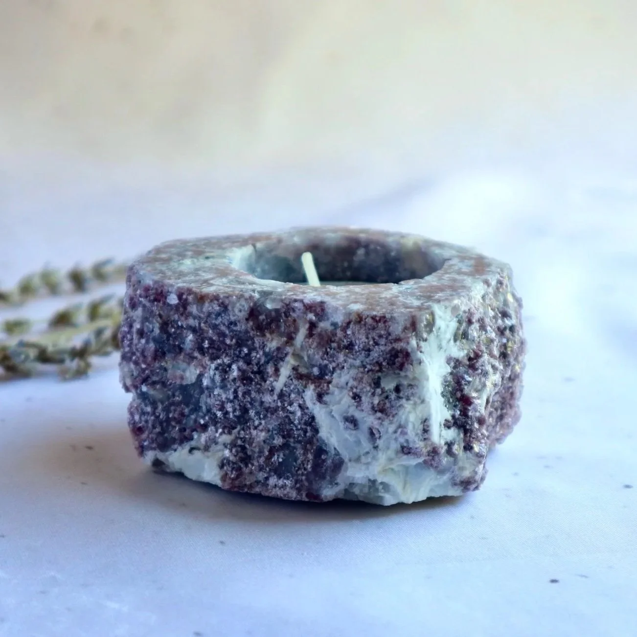 Lepidolite crystal tealight candle holder with natural lilac and lavender colouring