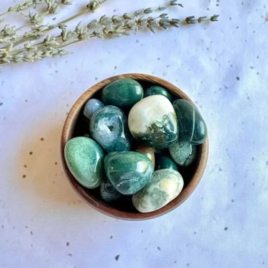 Moss Agate tumble stone for crystal collections, meditation, and gifting