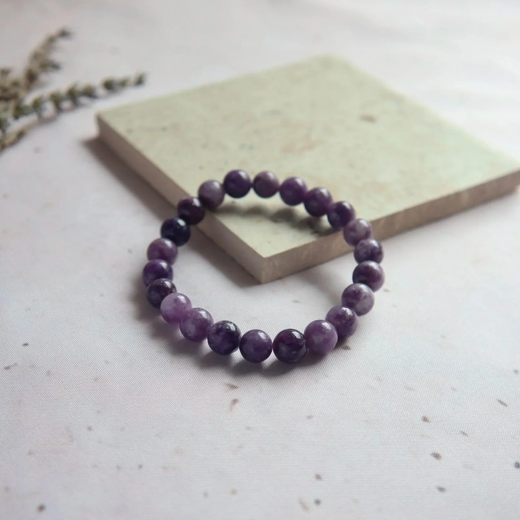 Purple Lepidolite round bead bracelet for everyday crystal jewellery.