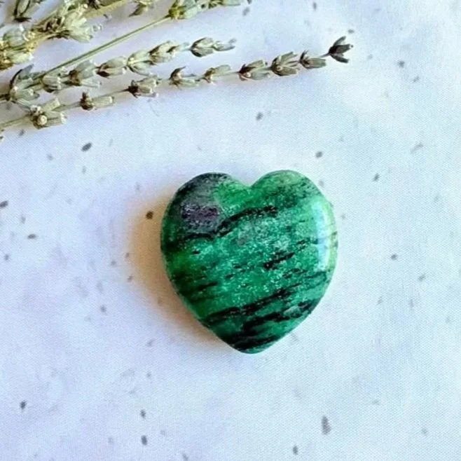 Exact Ruby in Zoisite heart measuring approximately 4cm with soft green colouring and ruby inclusions