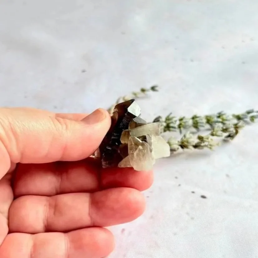 Natural Smokey Quartz cluster with sparkling quartz points