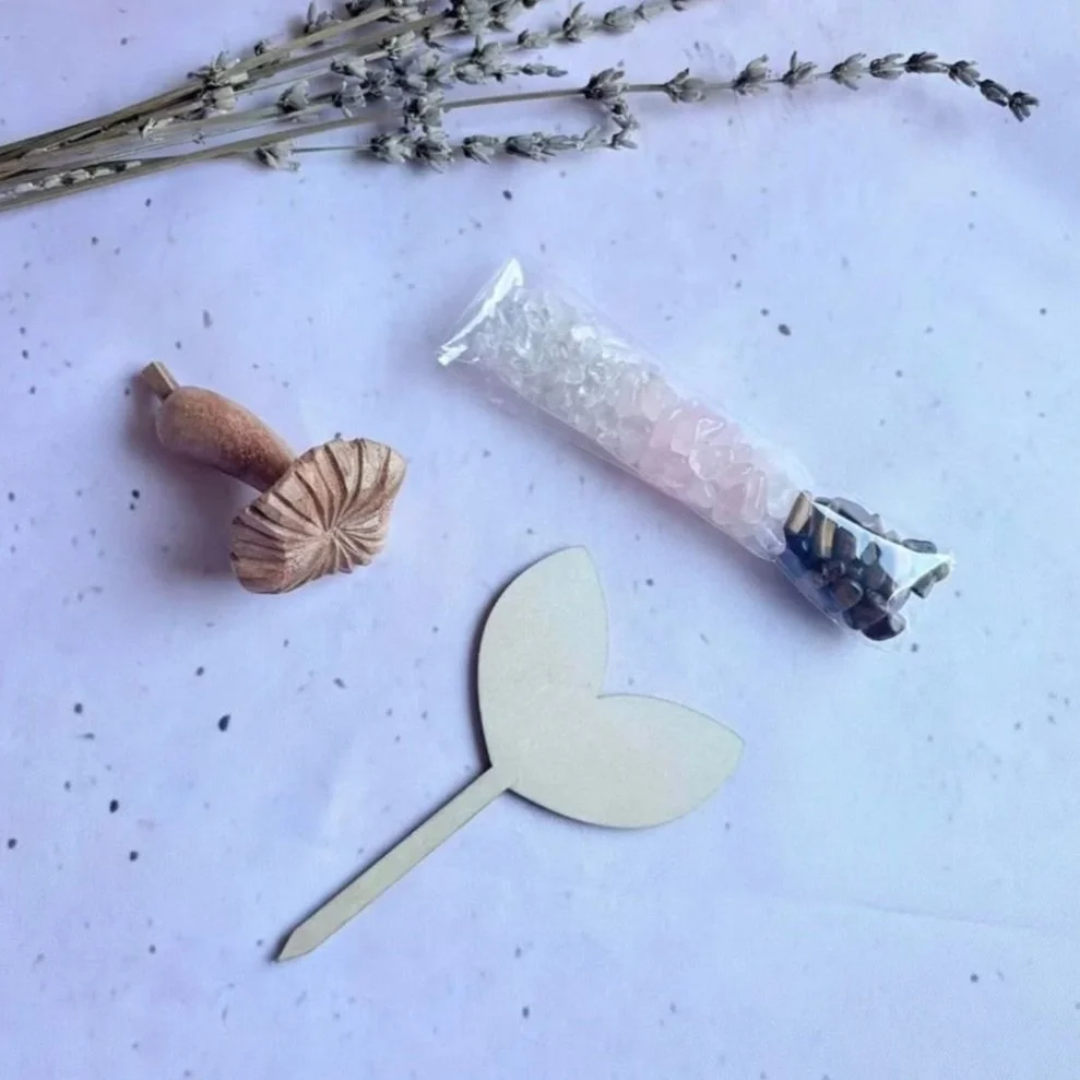 Window gift box containing a plant name stake, decorative mushroom, and mixed crystal chips