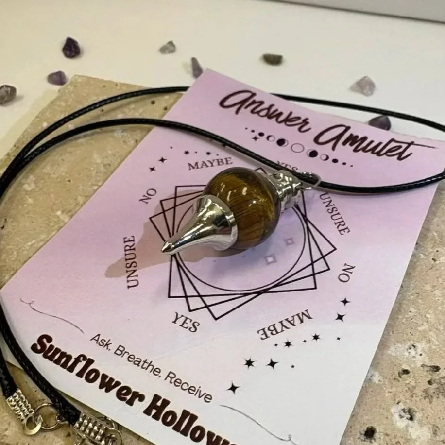 Tigers Eye crystal pendulum necklace with divination board card by Sunflower Hollows