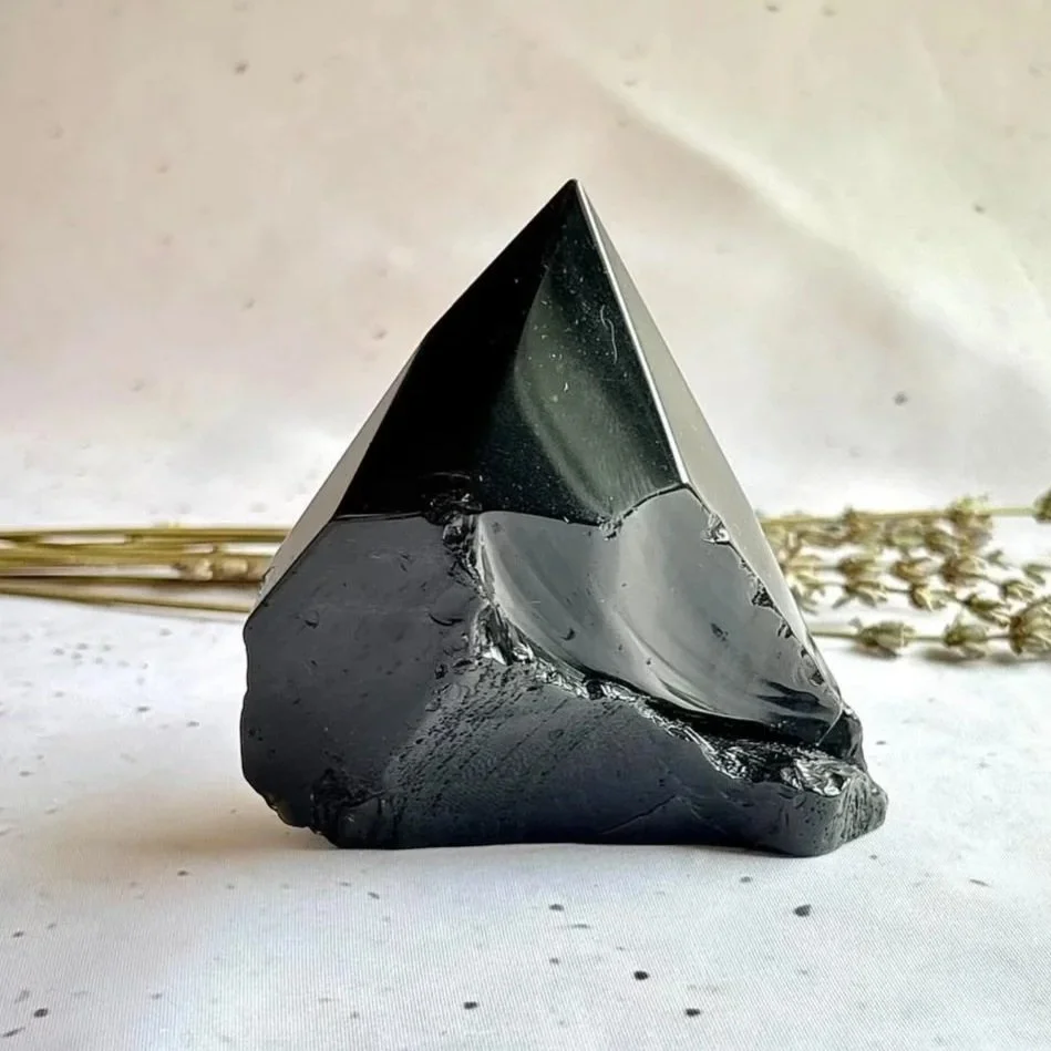 Natural Black Obsidian crystal point with glossy polished finish