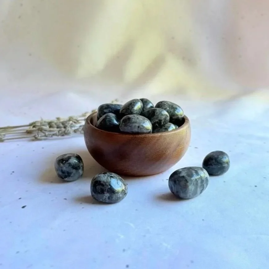 Larvikite tumble stone ideal for meditation, crystal grids, and everyday carry