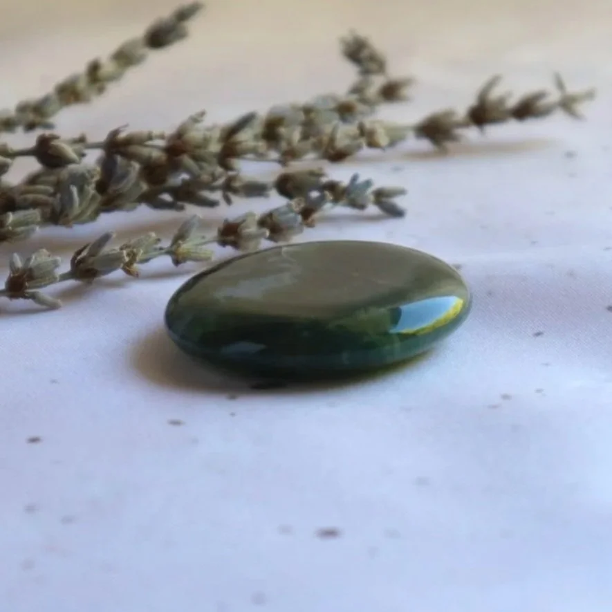 Natural Moss Agate crystal flat stone with earthy green colouring