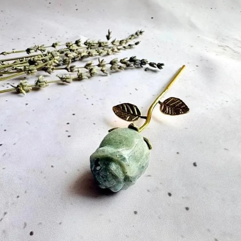 Labradorite crystal rose with gold coloured stem measuring approximately 16cm tall-compressed.jpg