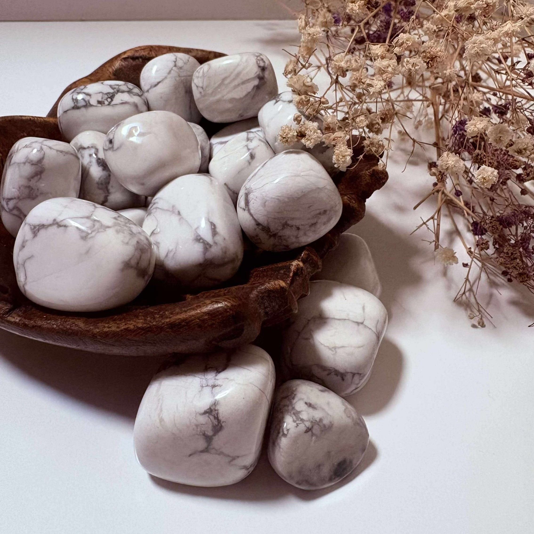 Polished Howlite tumble, soothing crystal for anxiety reduction and mental clarity