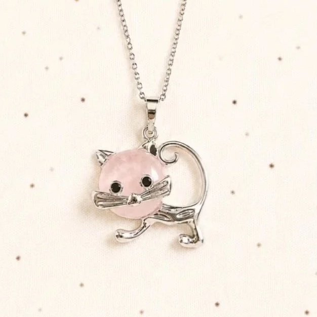 Funky Cat Necklace | Rose Quartz Crystal Face Pendant
