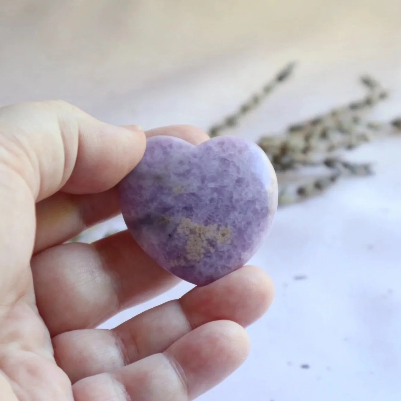 Polished Lepidolite crystal heart with natural mica sparkle