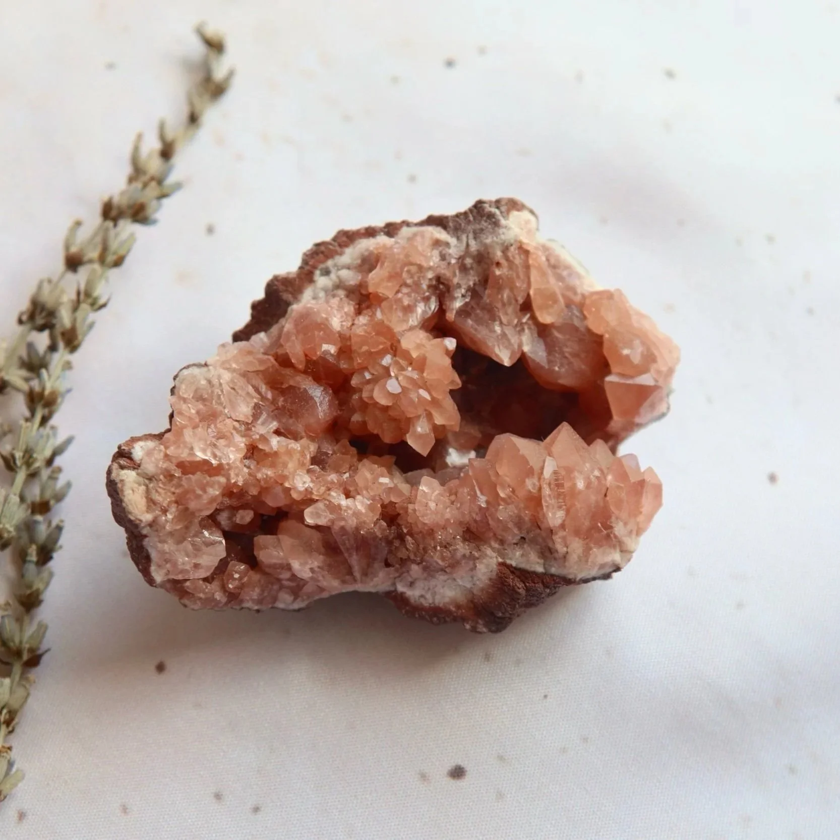 Exact Pink Amethyst cluster measuring approximately 8 × 6 cm, with peachy-pink crystal points and a natural textured base.