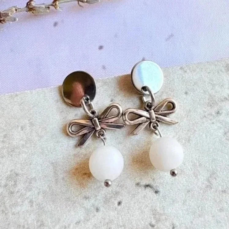 Matte Rose Quartz Bow Drop Earrings