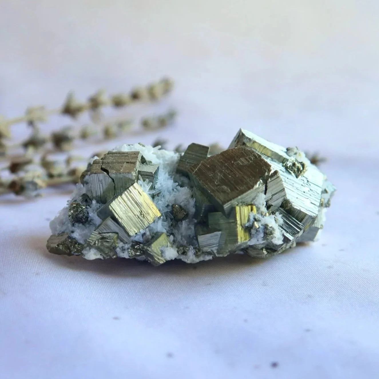 Pyrite in Quartz cluster with golden Pyrite formations and sparkling Quartz
