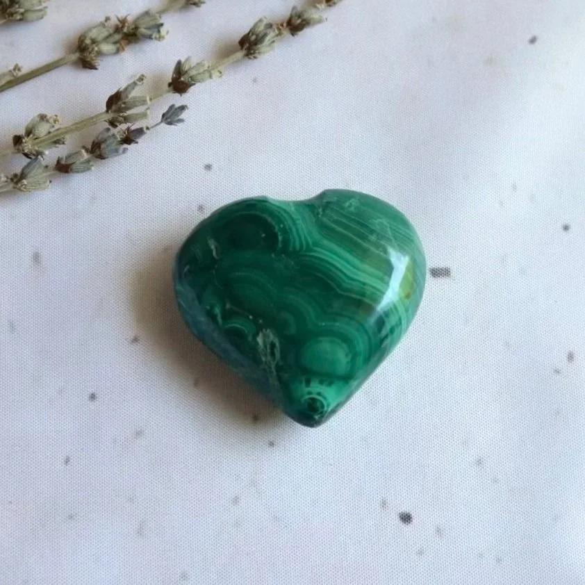 Polished Malachite crystal heart measuring approximately 4.5cm