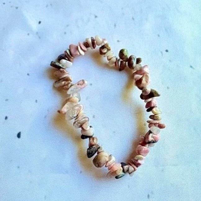 Natural Rhodonite chip bracelet on a stretch cord