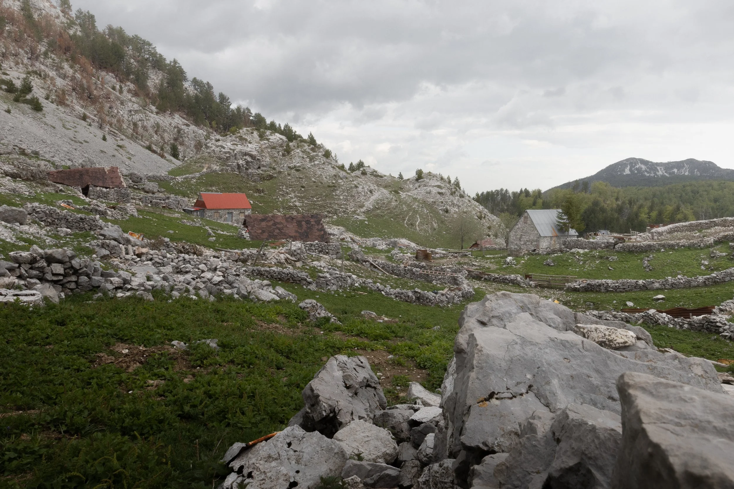 Heading north into the mountains from the village Korita near the Montenegro / Serbia border. The trail took us past a small cluster of stone built huts. 