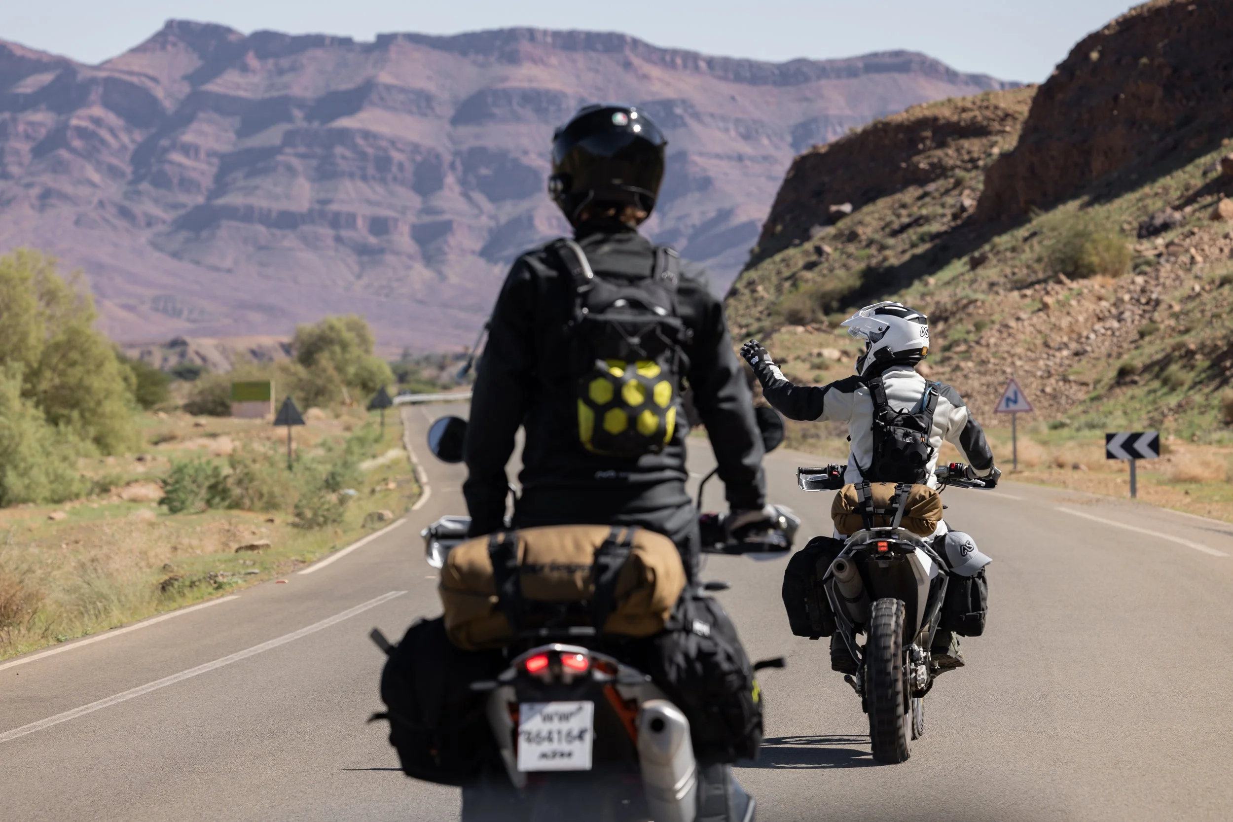 The road south out of Ouarzazate cuts through mountain passes near Agdz. Jim leads that way and chats to the rest of the team using his in-helmet Sena intercom. At times additional hand gestures were essential to convey the joy of experiencing such h