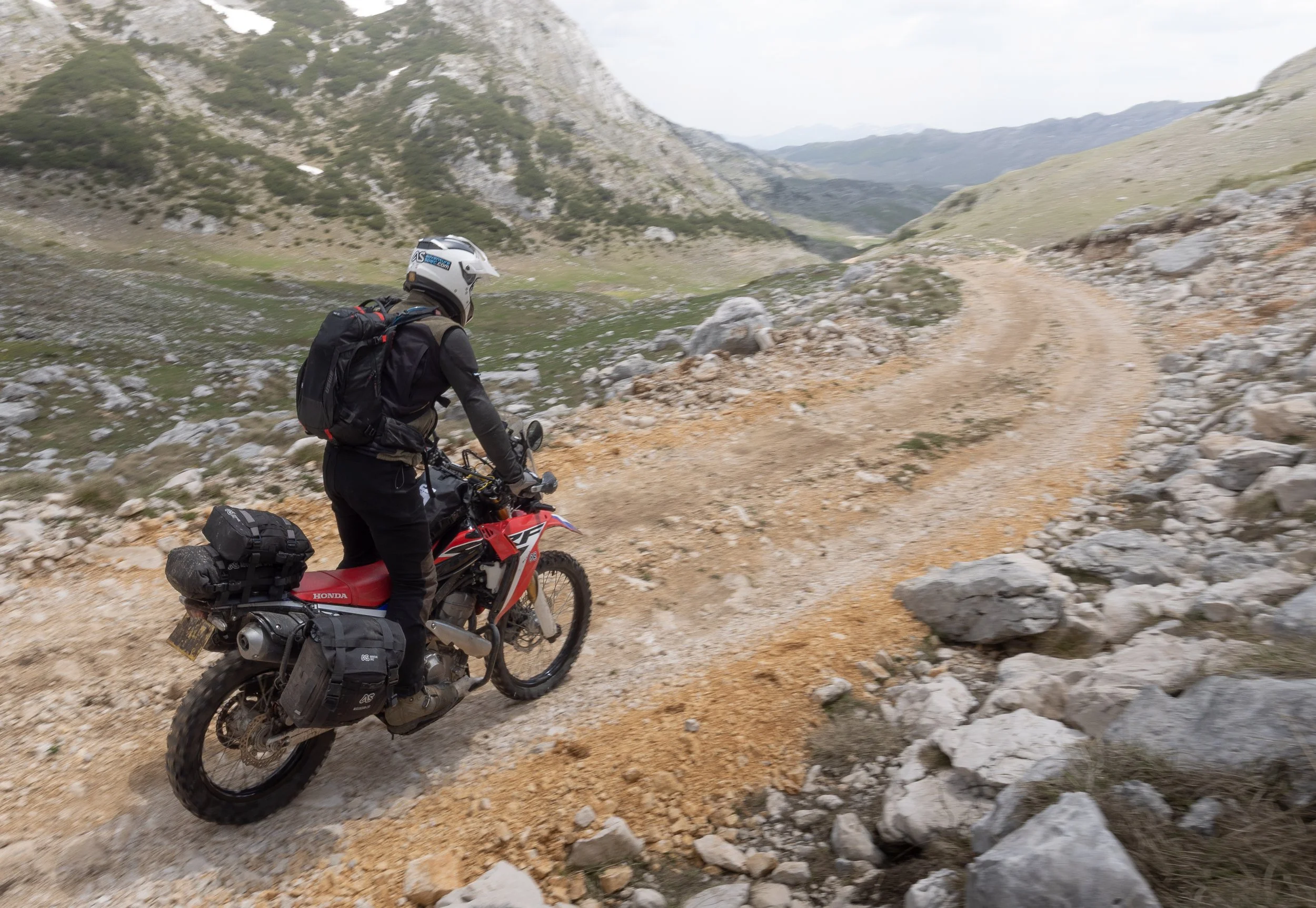 We joined the Trans Euro Trail heading south at the point where it intersects with the Durmitor loop. The trail was wide and flowing as we descended leaving the high mountains behind us. 
