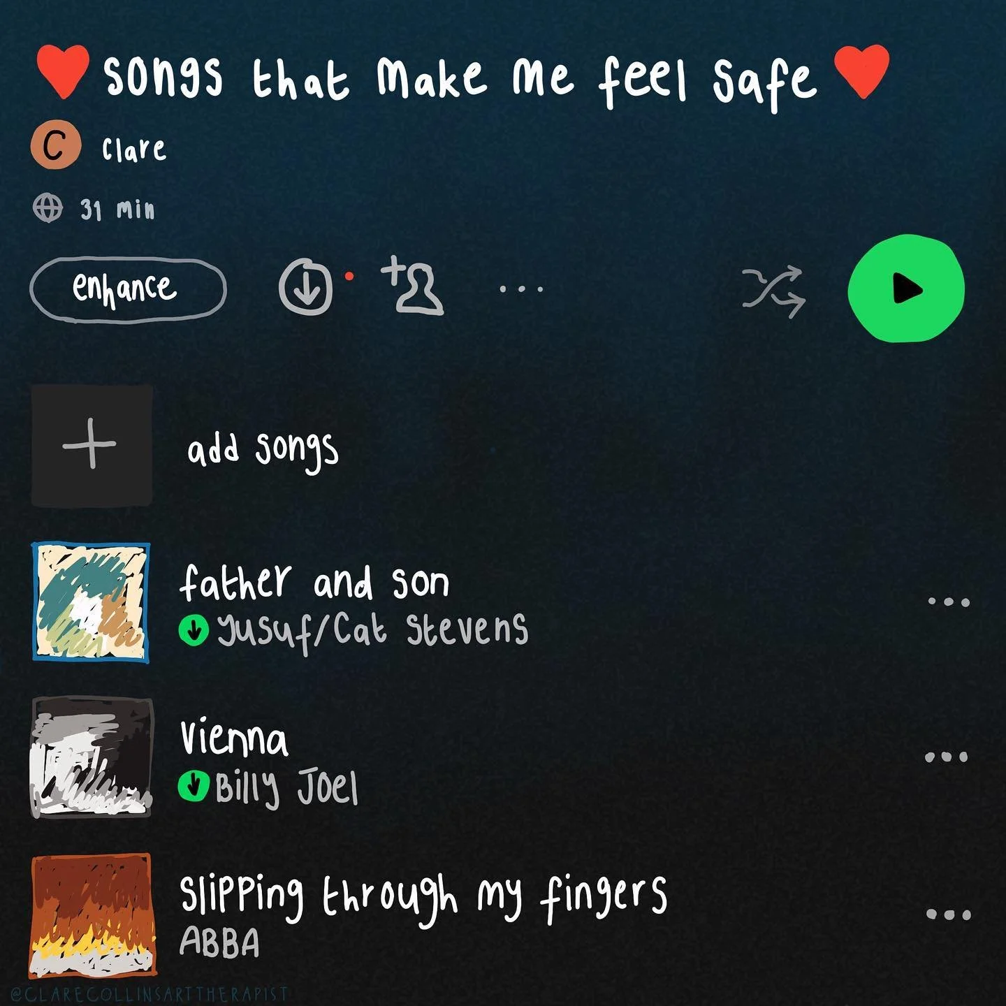 Because some days we need a playlist of songs that feel like a big hug 🖤🖤🖤 #arttherapy #arttherapist #arttherapyheals #digitalart #illustration