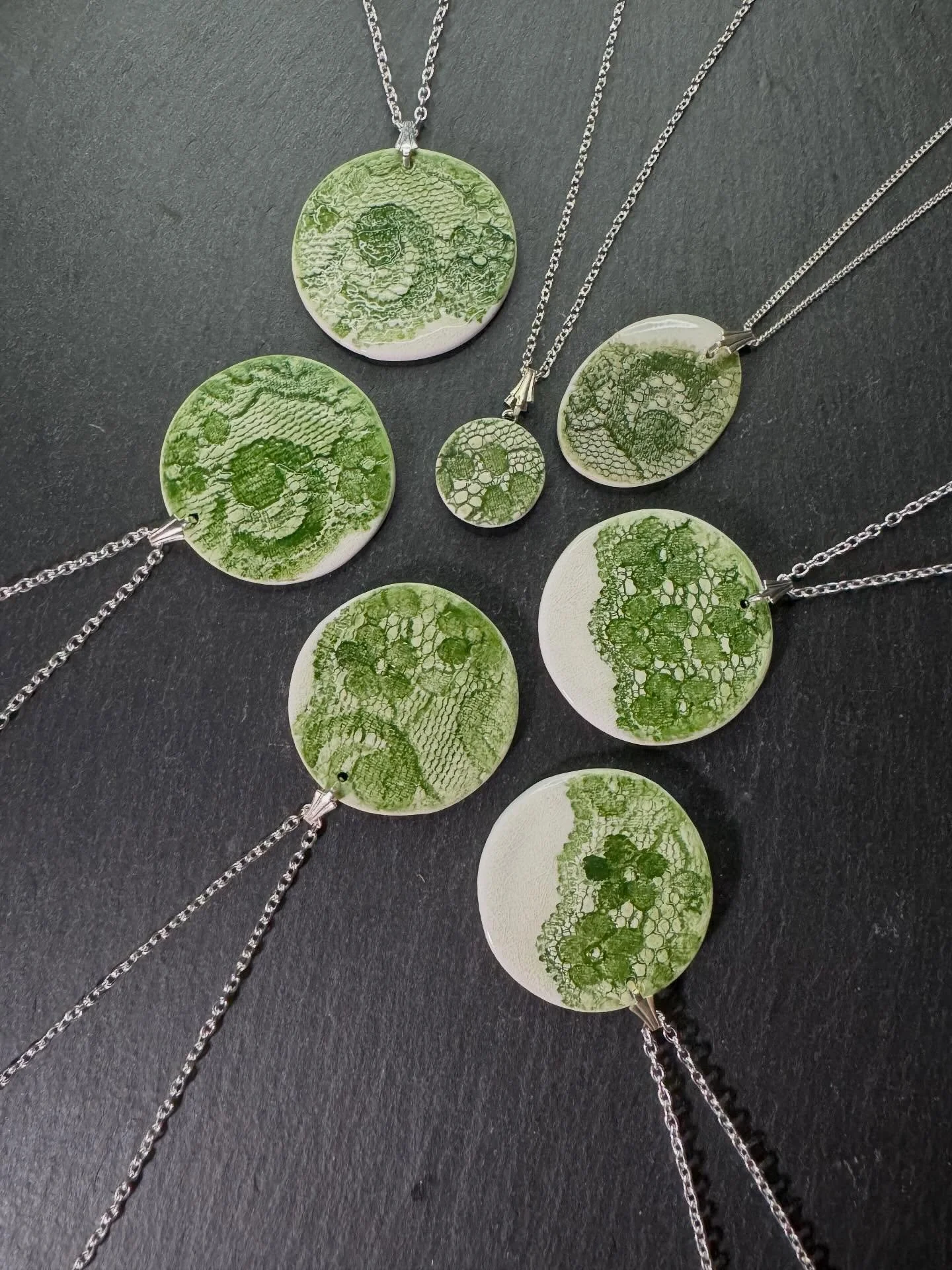 THIS WEEKS COLOUR IS GREEN. 
Thread and Trace
Impressions of lace, held in porcelain.

Inspired by the heritage of Nottingham lace and the beauty of handmade craft, this jewellery range captures the subtle interplay between texture, tone, and light.
