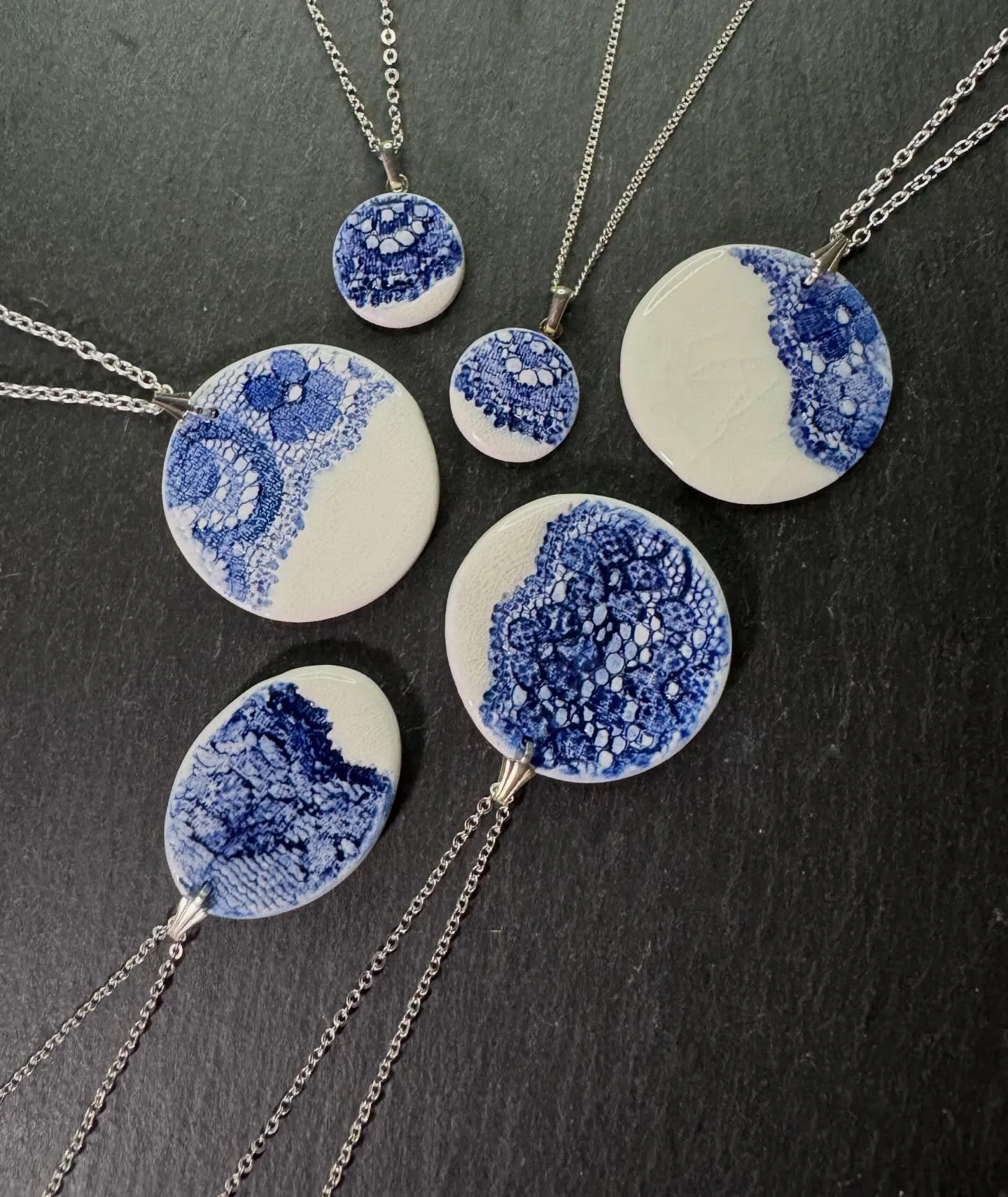THIS WEEKS COLOUR IS BLUE. 
Thread and Trace
Impressions of lace, held in porcelain.

Inspired by the heritage of Nottingham lace and the beauty of handmade craft, this jewellery range captures the subtle interplay between texture, tone, and light.

