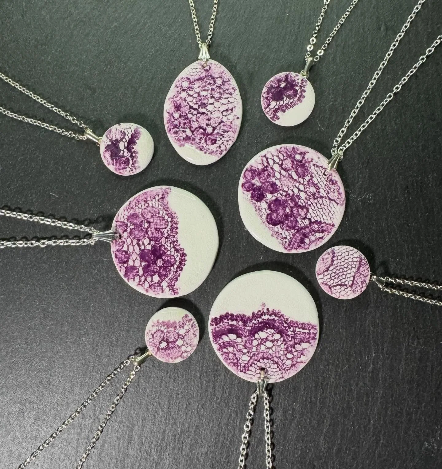 THIS WEEKS COLOUR IS VIOLET. 
Thread and Trace
Impressions of lace, held in porcelain.

Inspired by the heritage of Nottingham lace and the beauty of handmade craft, this jewellery range captures the subtle interplay between texture, tone, and light.