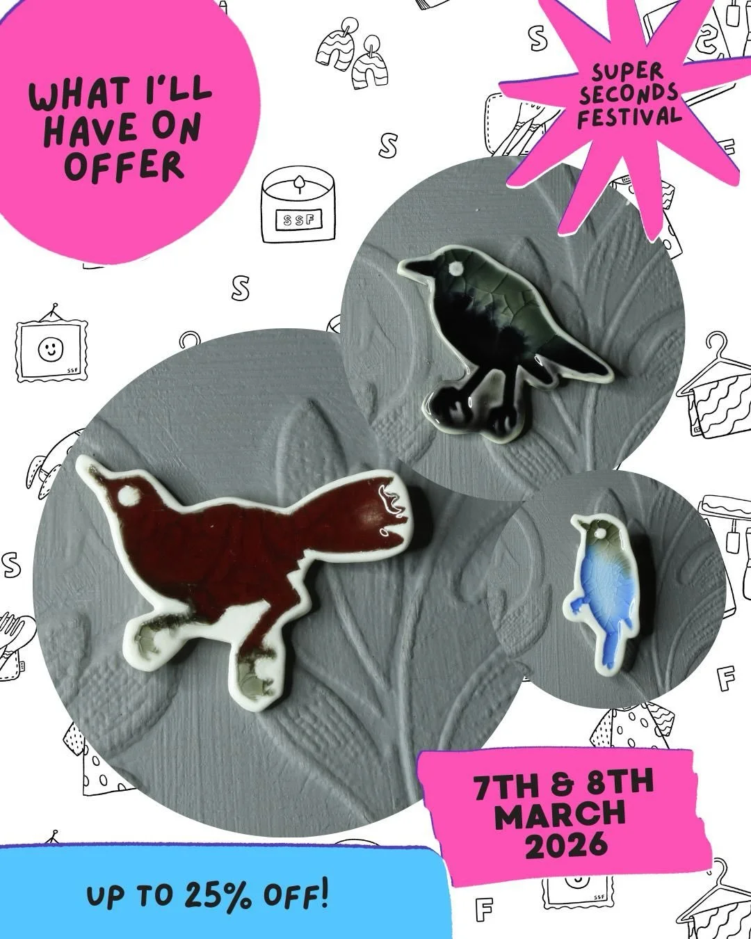 I&rsquo;ll be taking part in Super Seconds Festival on the 7th and 8th of March. It&rsquo;s an online event and you can find my ware&rsquo;s, with a huge discount on Etsy.
#ssfmarch2026 #ceramicart #jewellery #bird #nottingham