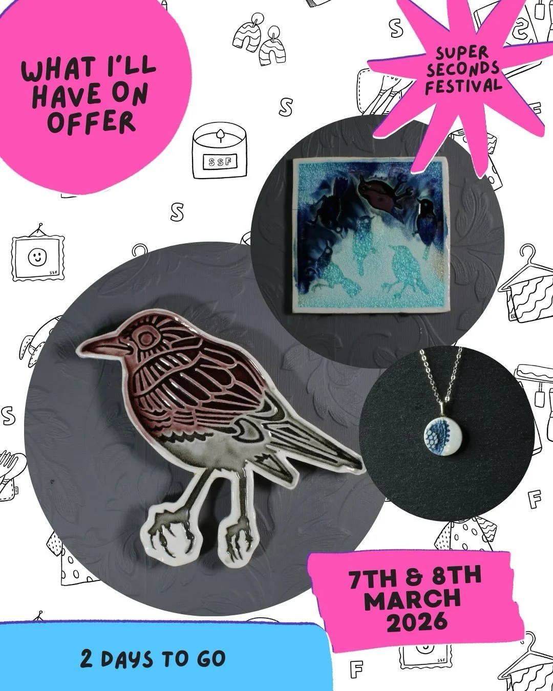 I&rsquo;ll be taking part in Super Seconds Festival on the 7th and 8th of March. It&rsquo;s an online event and you can find my ware&rsquo;s, with a huge discount on Etsy.
#ssfmarch2026 #ceramicart #jewellery #bird #nottingham
