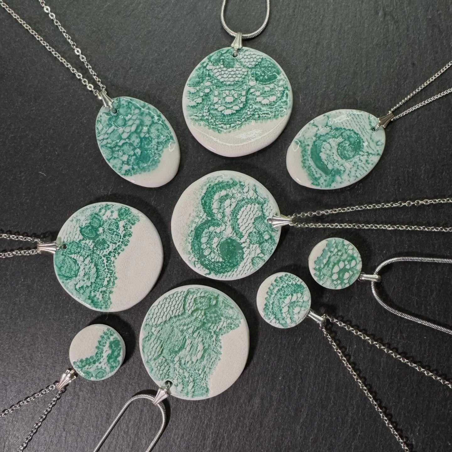 THIS WEEKS COLOUR IS JADE. 
Thread and Trace
Impressions of lace, held in porcelain.

Inspired by the heritage of Nottingham lace and the beauty of handmade craft, this jewellery range captures the subtle interplay between texture, tone, and light.

