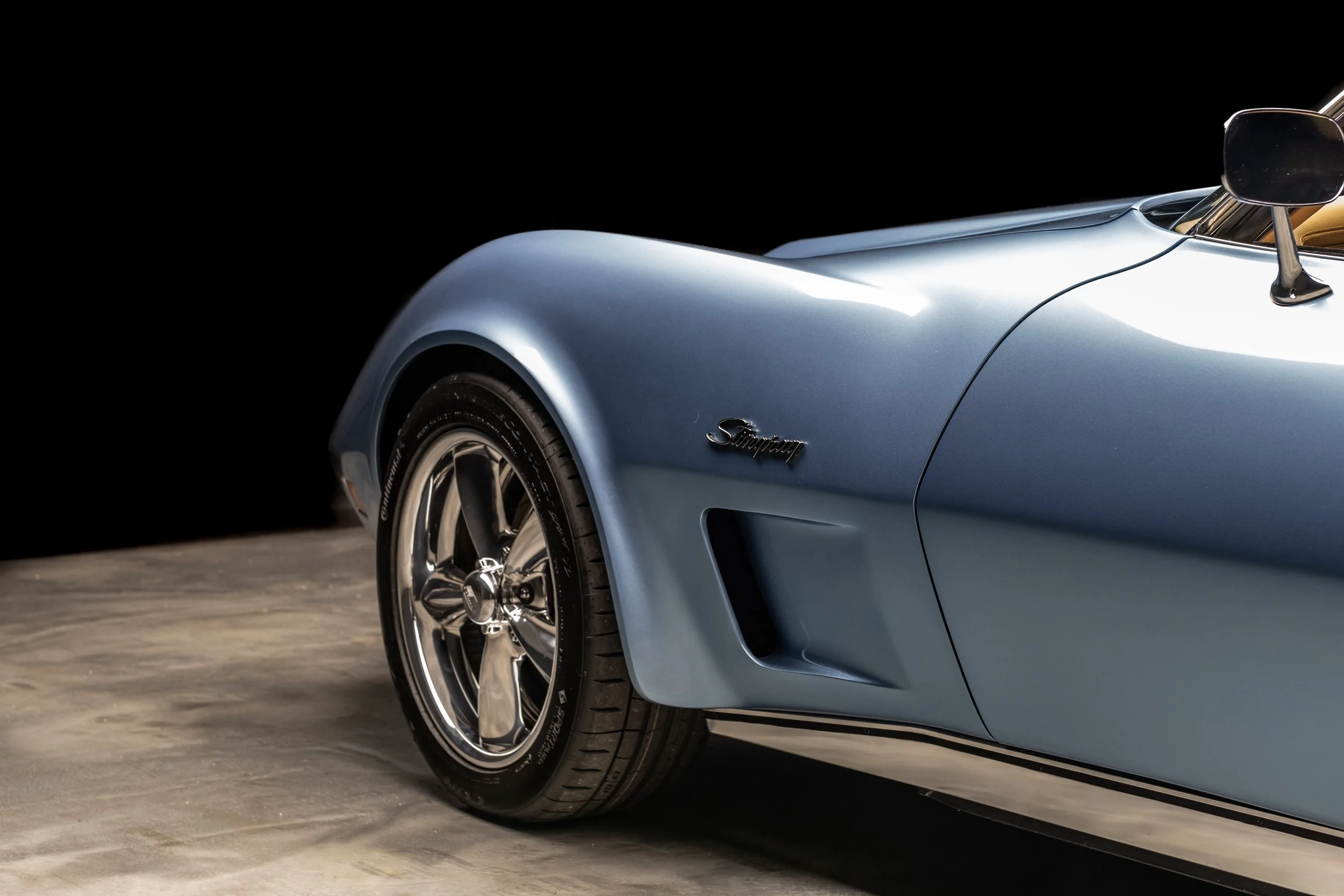 1975 Corvette Restomod built for the 2024 Charles Schwab Challenge by us, County Corvette. '75 Schwab Stingray 1975 Schwab Corvette Stingray Blue, Saddle Tan interior, Tartan Plaid Accents, Custom Car, Custom restomod, hot rod