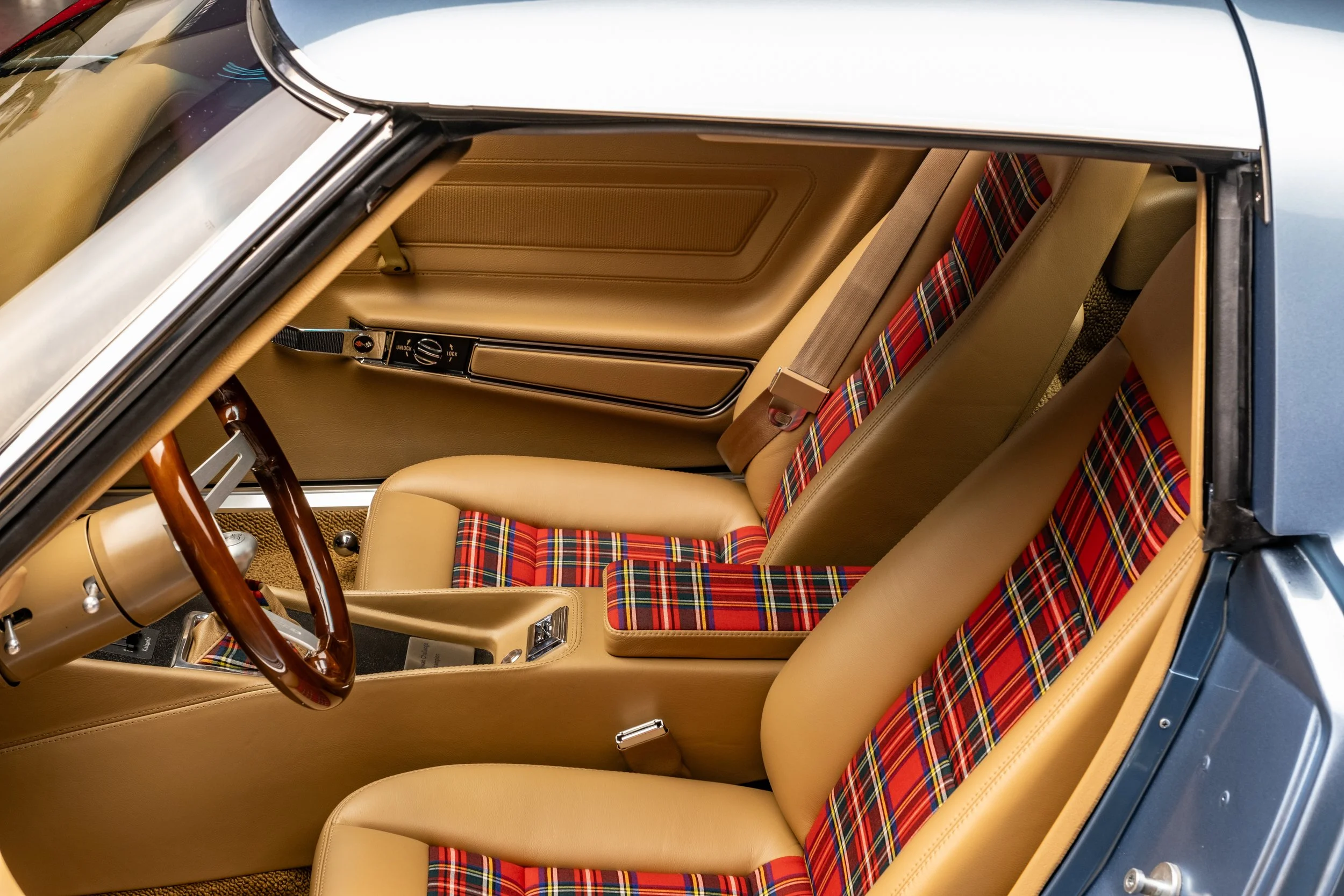 1975 Corvette Restomod built for the 2024 Charles Schwab Challenge by us, County Corvette. '75 Schwab Stingray 1975 Schwab Corvette Stingray Blue, Saddle Tan interior, Tartan Plaid Accents, Custom Car, Custom restomod, hot rod