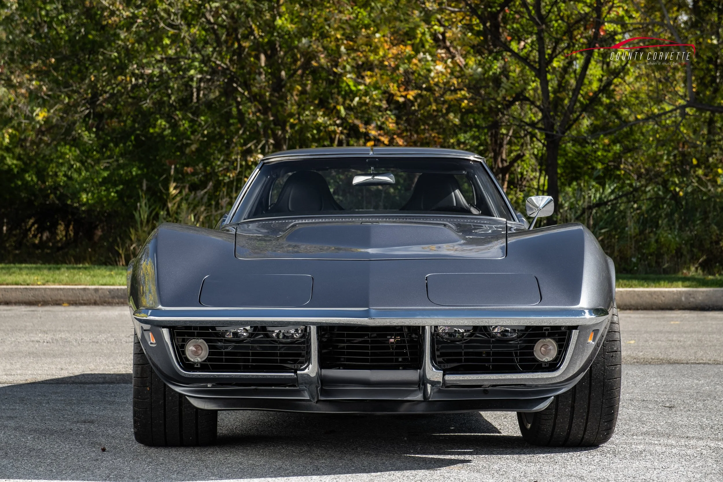Hand built in Pennsylvania by County Corvette. This 1969 Corvette Restomod with 6.2L LS3 V8, Tremec 6-Speed Manual Transmission, and much more. This Chevrolet Corvette wears a custom silver metallic paint, with a black leather interior. Amenities inc