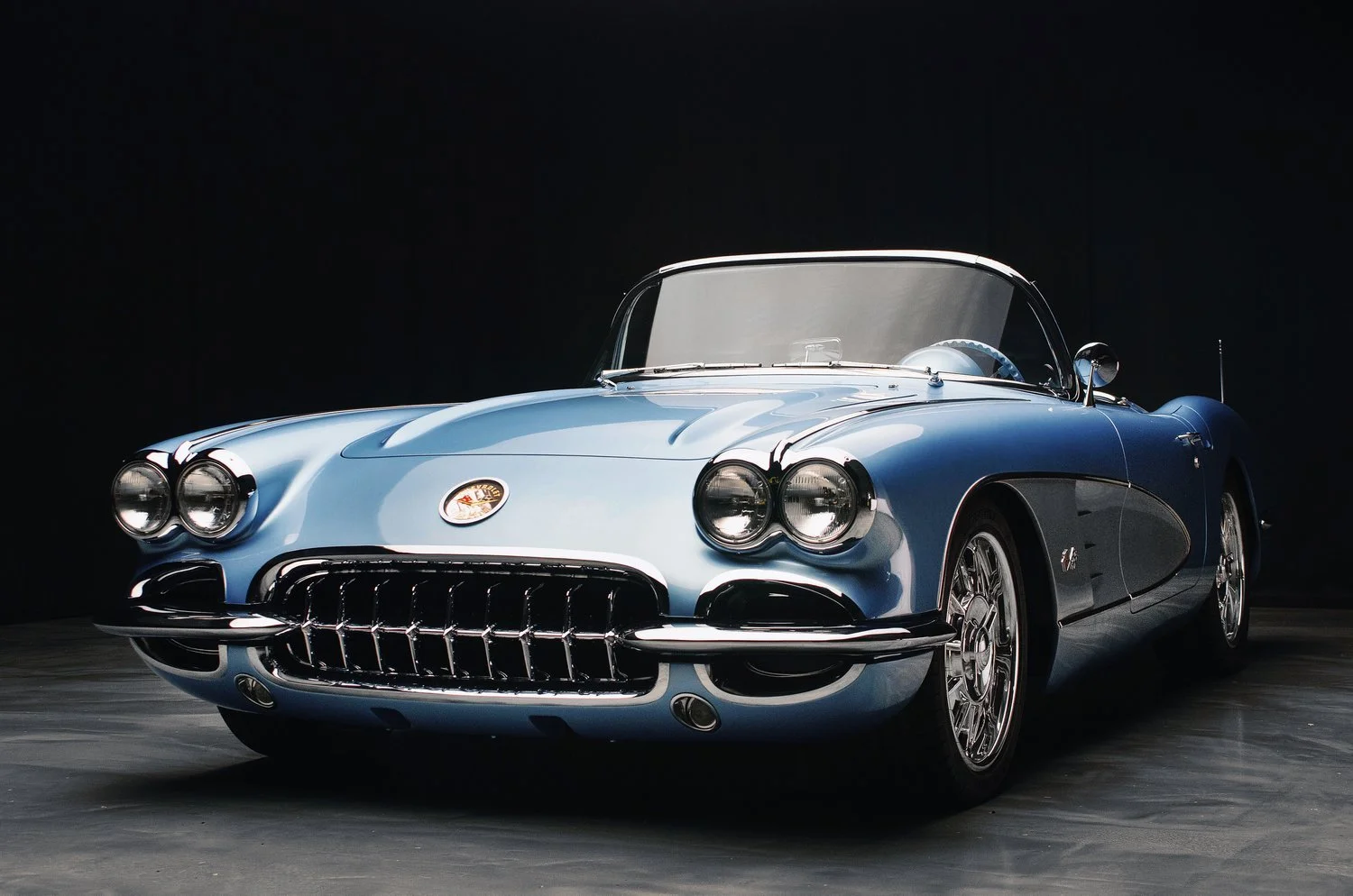 959 Corvette Restomod with blue metallic paint and a light beige leather interior