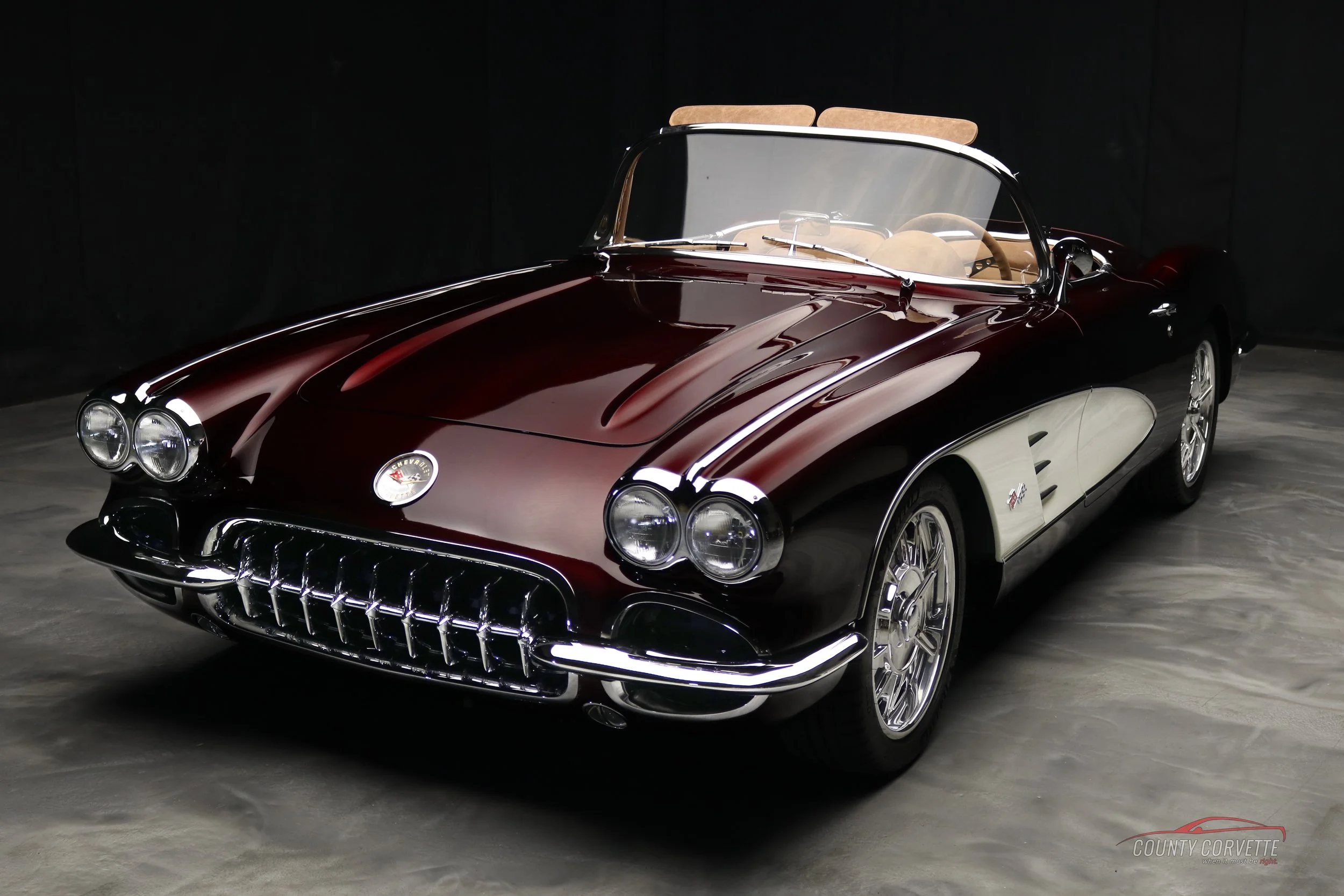 960 Corvette Restomod with Brandywine metallic paint and a tanned saddle leather interior