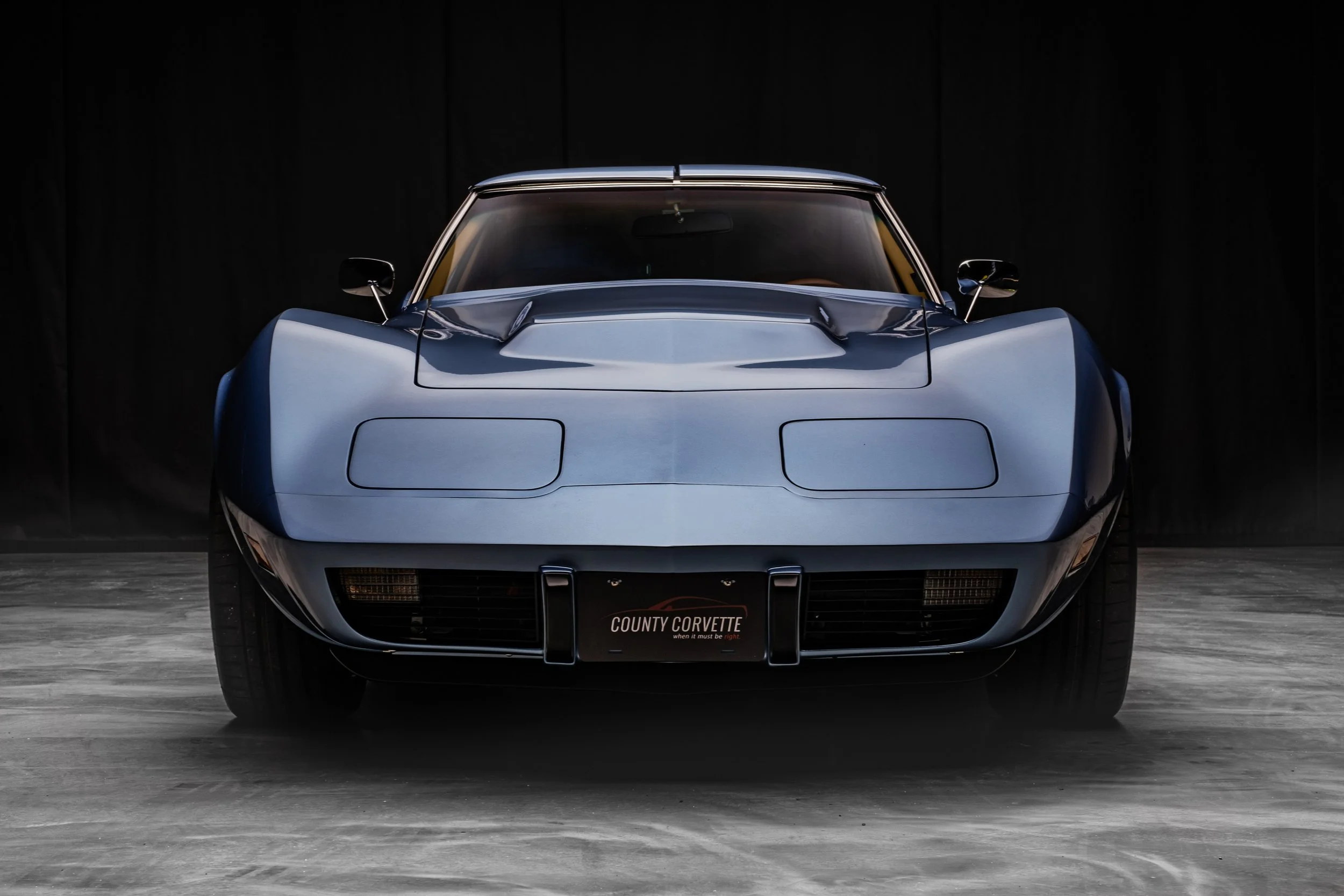 1975 Corvette Restomod built for the 2024 Charles Schwab Challenge by us, County Corvette. '75 Schwab Stingray 1975 Schwab Corvette Stingray Blue, Saddle Tan interior, Tartan Plaid Accents, Custom Car, Custom restomod, hot rod