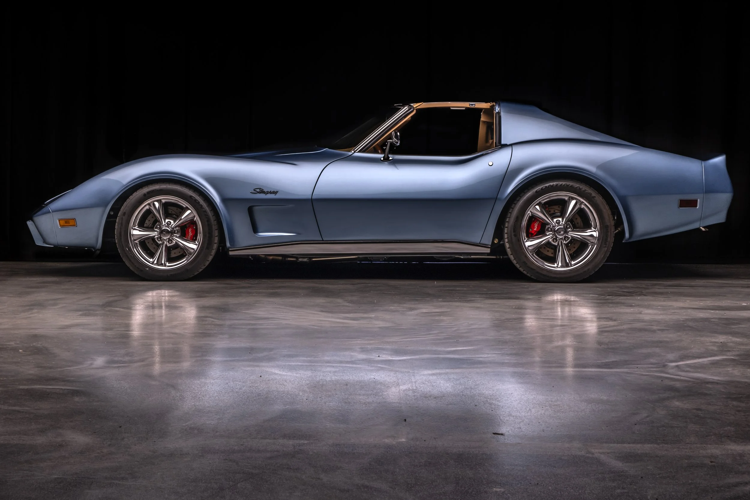 1975 Corvette Restomod built for the 2024 Charles Schwab Challenge by us, County Corvette. '75 Schwab Stingray 1975 Schwab Corvette Stingray Blue, Saddle Tan interior, Tartan Plaid Accents, Custom Car, Custom restomod, hot rod