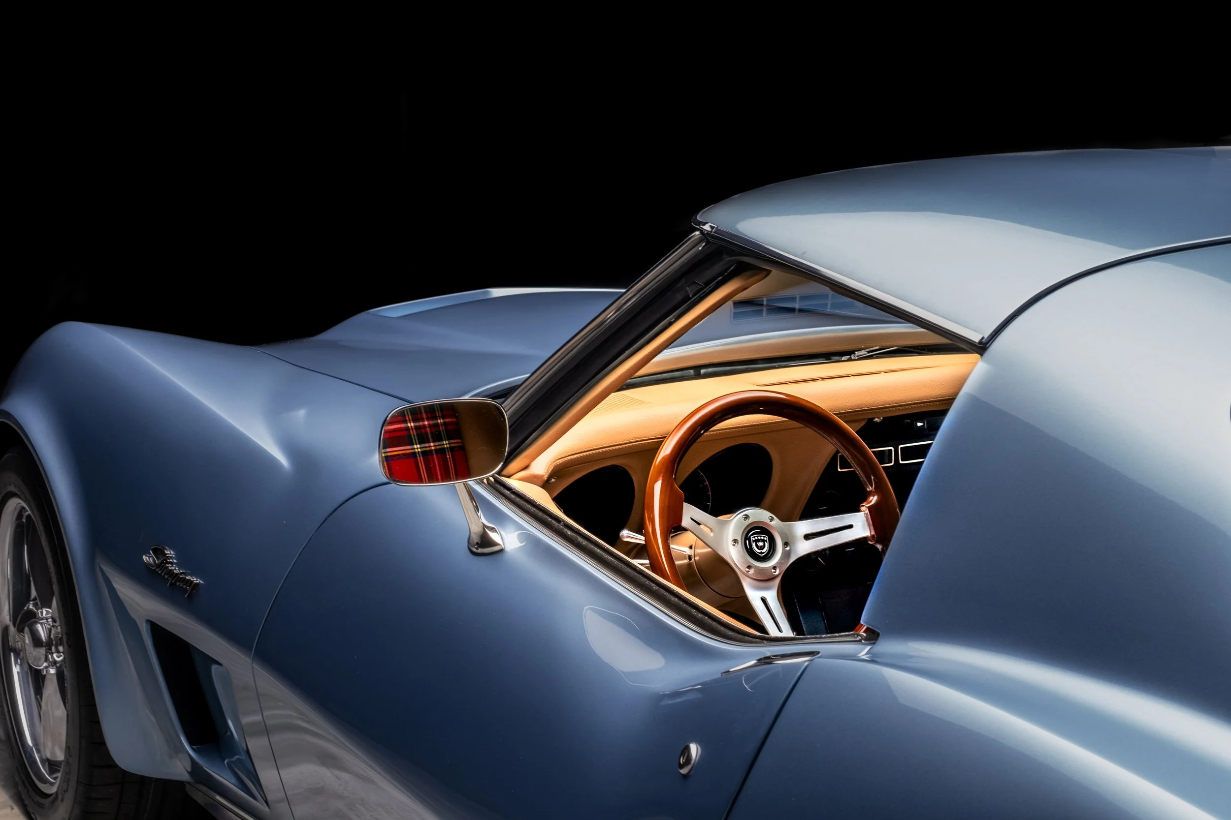 1975 Corvette Restomod built for the 2024 Charles Schwab Challenge by us, County Corvette. '75 Schwab Stingray 1975 Schwab Corvette Stingray Blue, Saddle Tan interior, Tartan Plaid Accents, Custom Car, Custom restomod, hot rod