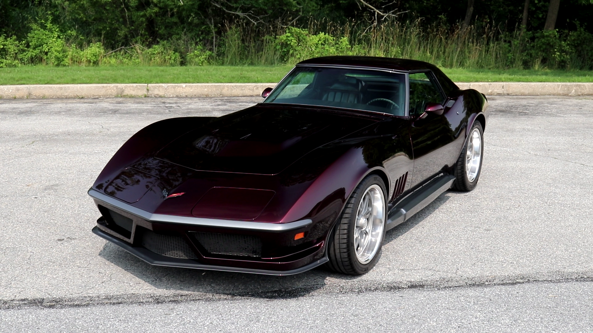 1969 Corvette Restomod, maroon metallic red paint, black leather interior, silver muscle car rims wheels custom bodywork, fully custom corvette