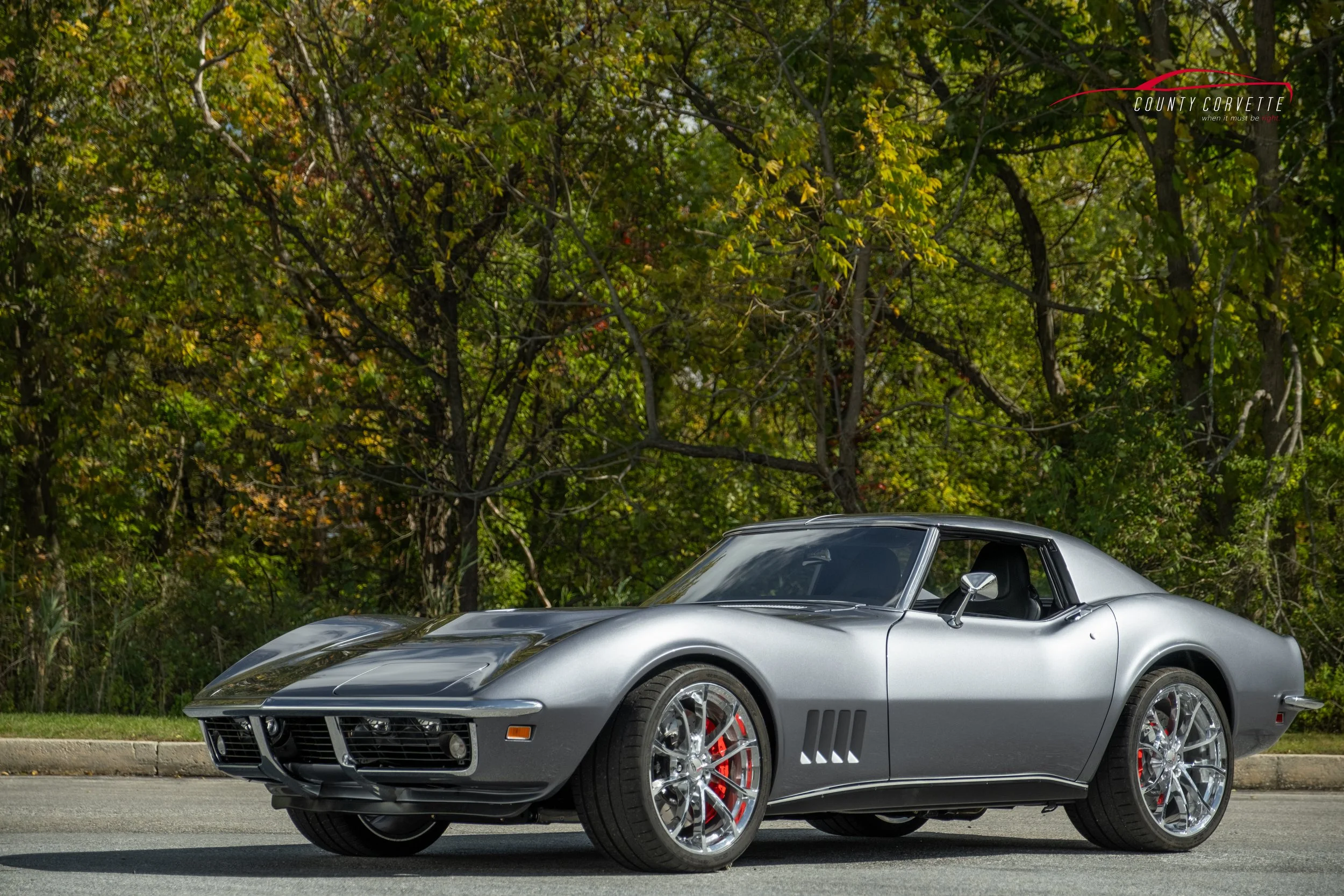 Hand built in Pennsylvania by County Corvette. This 1969 Corvette Restomod with 6.2L LS3 V8, Tremec 6-Speed Manual Transmission, and much more. This Chevrolet Corvette wears a custom silver metallic paint, with a black leather interior. Amenities inc