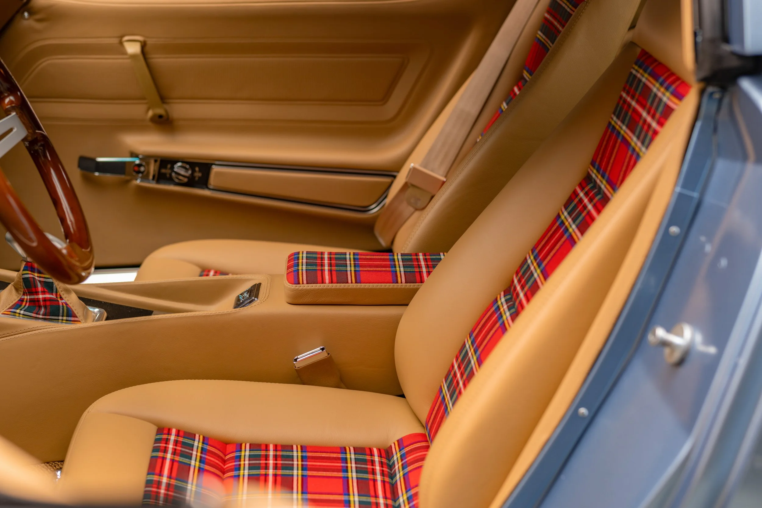 1975 Corvette Restomod built for the 2024 Charles Schwab Challenge by us, County Corvette. '75 Schwab Stingray 1975 Schwab Corvette Stingray Blue, Saddle Tan interior, Tartan Plaid Accents, Custom Car, Custom restomod, hot rod