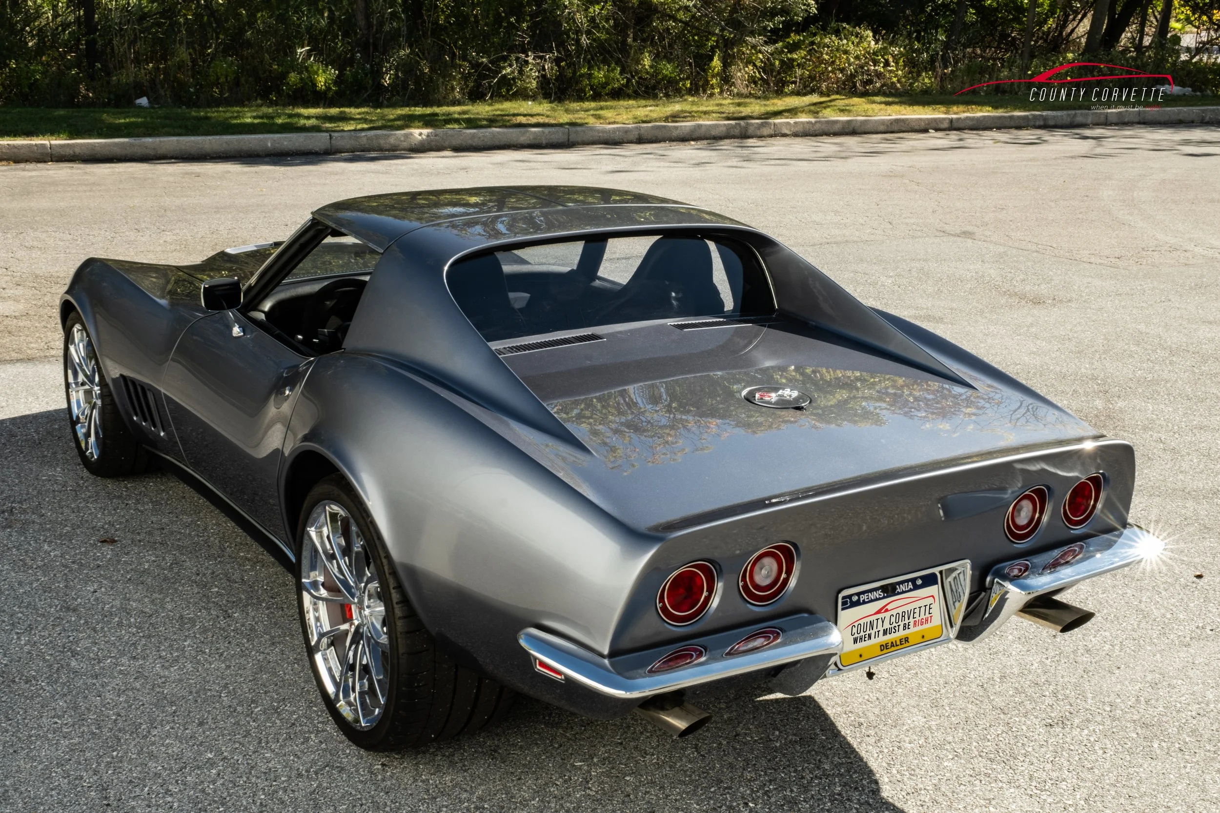 Hand built in Pennsylvania by County Corvette. This 1969 Corvette Restomod with 6.2L LS3 V8, Tremec 6-Speed Manual Transmission, and much more. This Chevrolet Corvette wears a custom silver metallic paint, with a black leather interior. Amenities inc