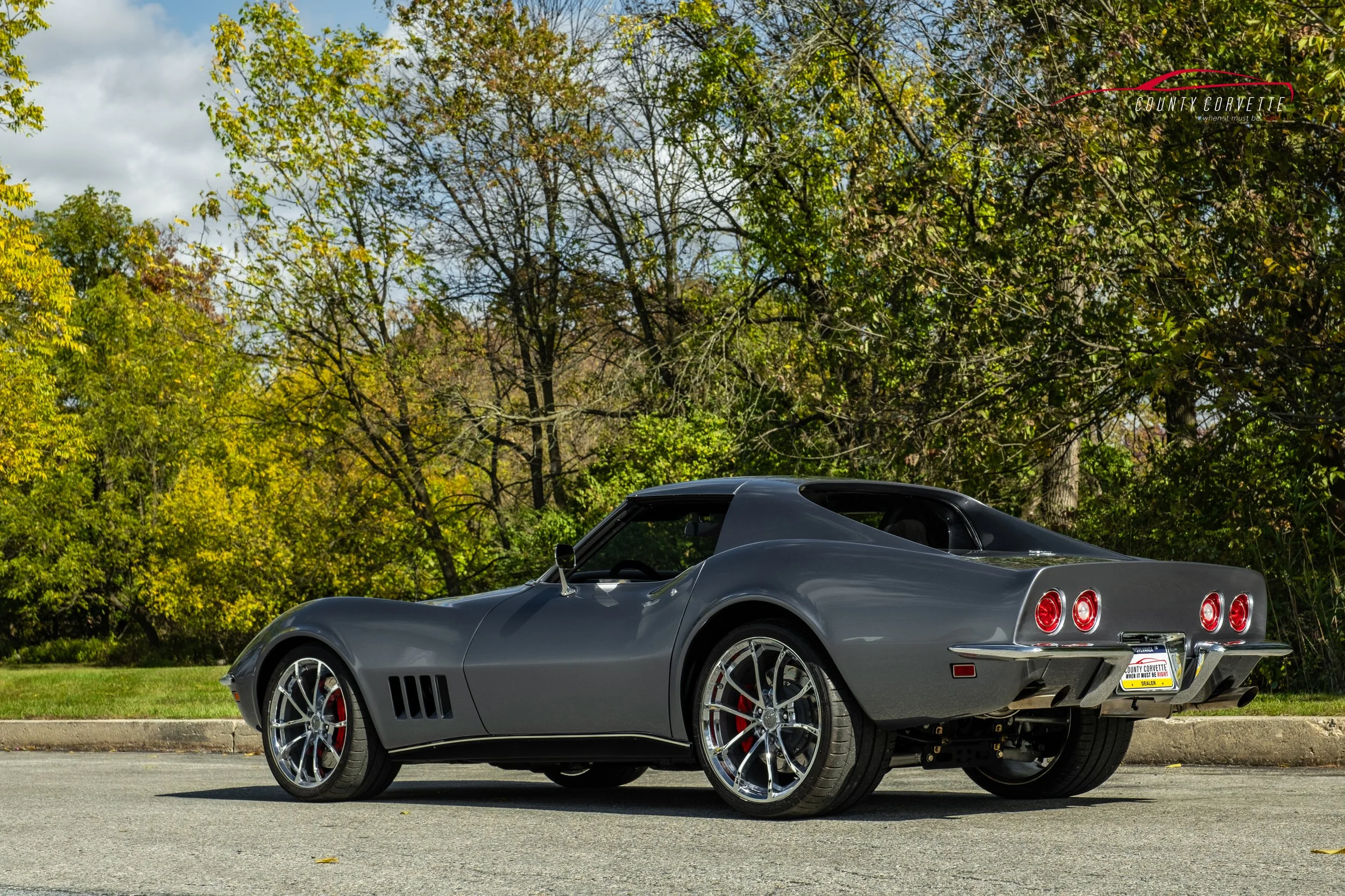 Hand built in Pennsylvania by County Corvette. This 1969 Corvette Restomod with 6.2L LS3 V8, Tremec 6-Speed Manual Transmission, and much more. This Chevrolet Corvette wears a custom silver metallic paint, with a black leather interior. Amenities inc