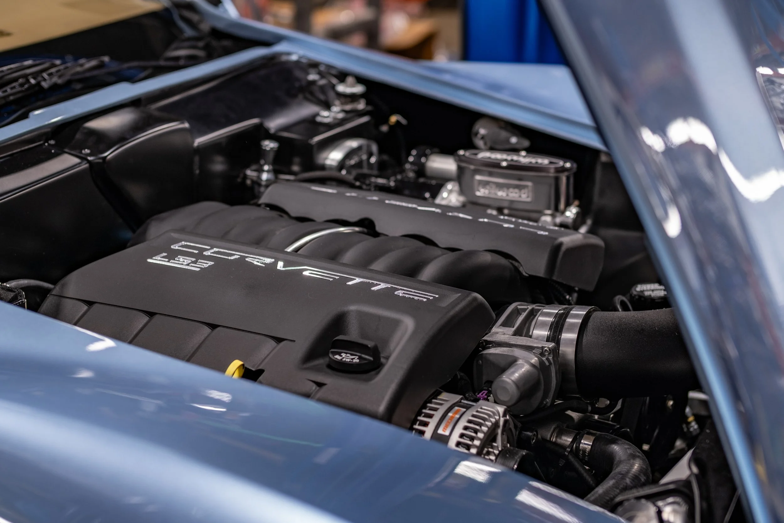 6.2 LS3 V8 Engine bay of the 1975 Schwab Corvette Stingray built by County Corvette for the 2024 Charles Schwab Challenge, photographed by Cam Ashman. 1975 Corvette Stingray Restomod, C3 Corvette Stingray, '75 Vette, Restomod