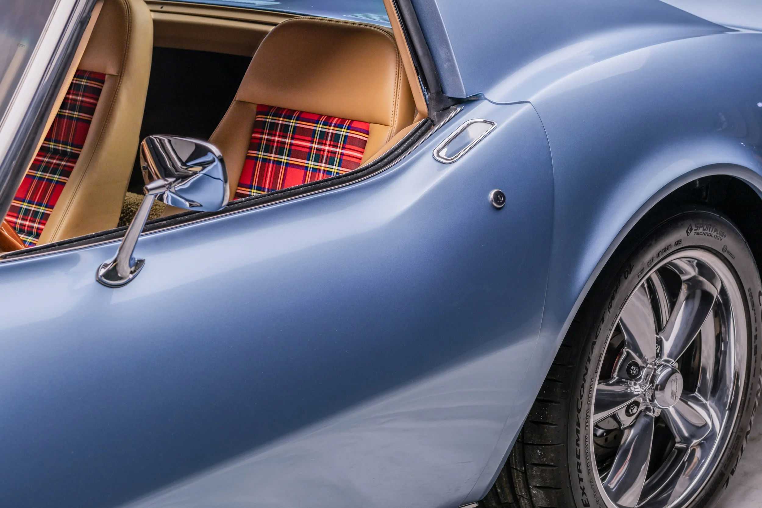 1975 Corvette Restomod built for the 2024 Charles Schwab Challenge by us, County Corvette. '75 Schwab Stingray 1975 Schwab Corvette Stingray Blue, Saddle Tan interior, Tartan Plaid Accents, Custom Car, Custom restomod, hot rod