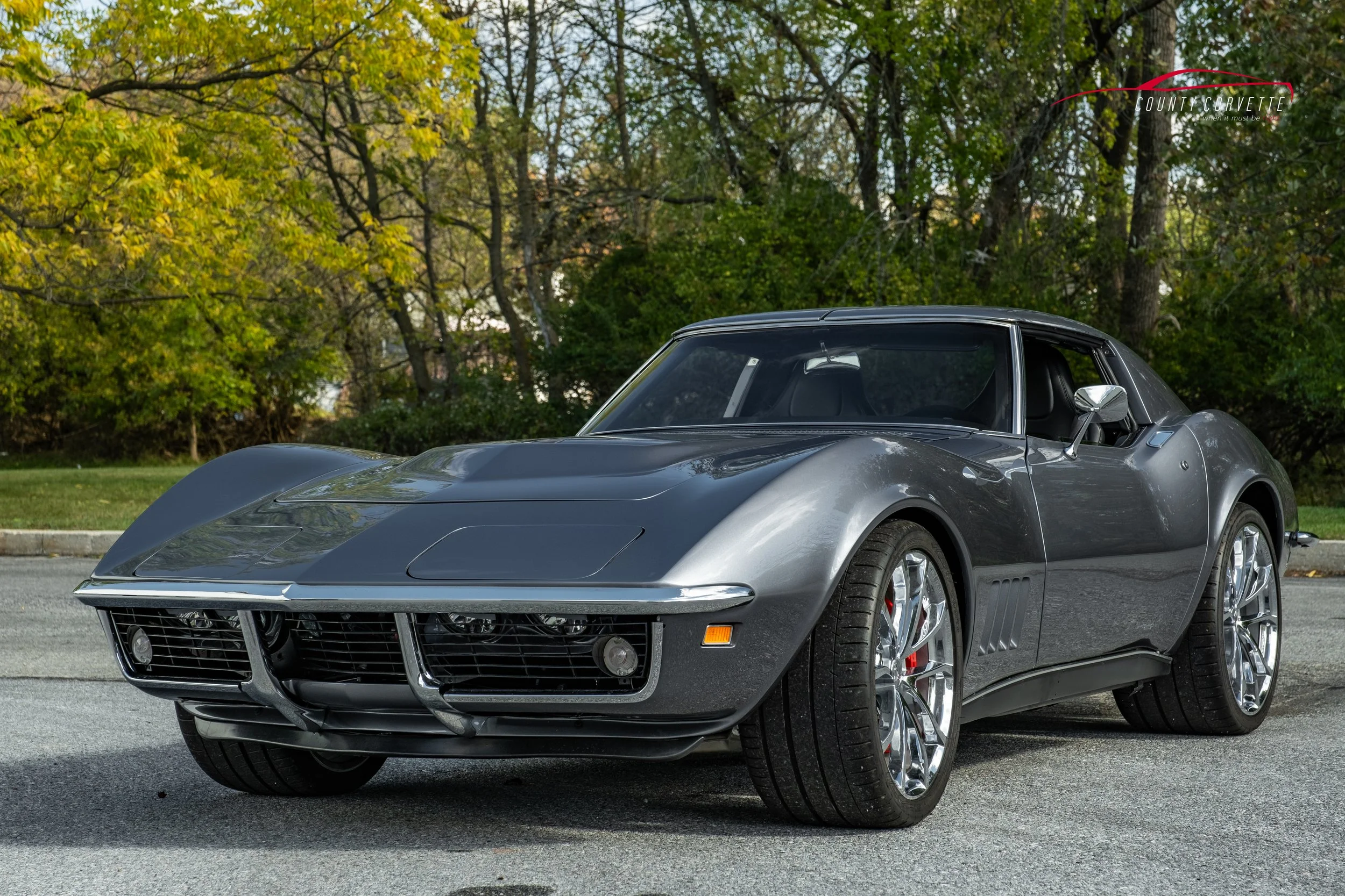 Hand built in Pennsylvania by County Corvette. This 1969 Corvette Restomod with 6.2L LS3 V8, Tremec 6-Speed Manual Transmission, and much more. This Chevrolet Corvette wears a custom silver metallic paint, with a black leather interior. Amenities inc